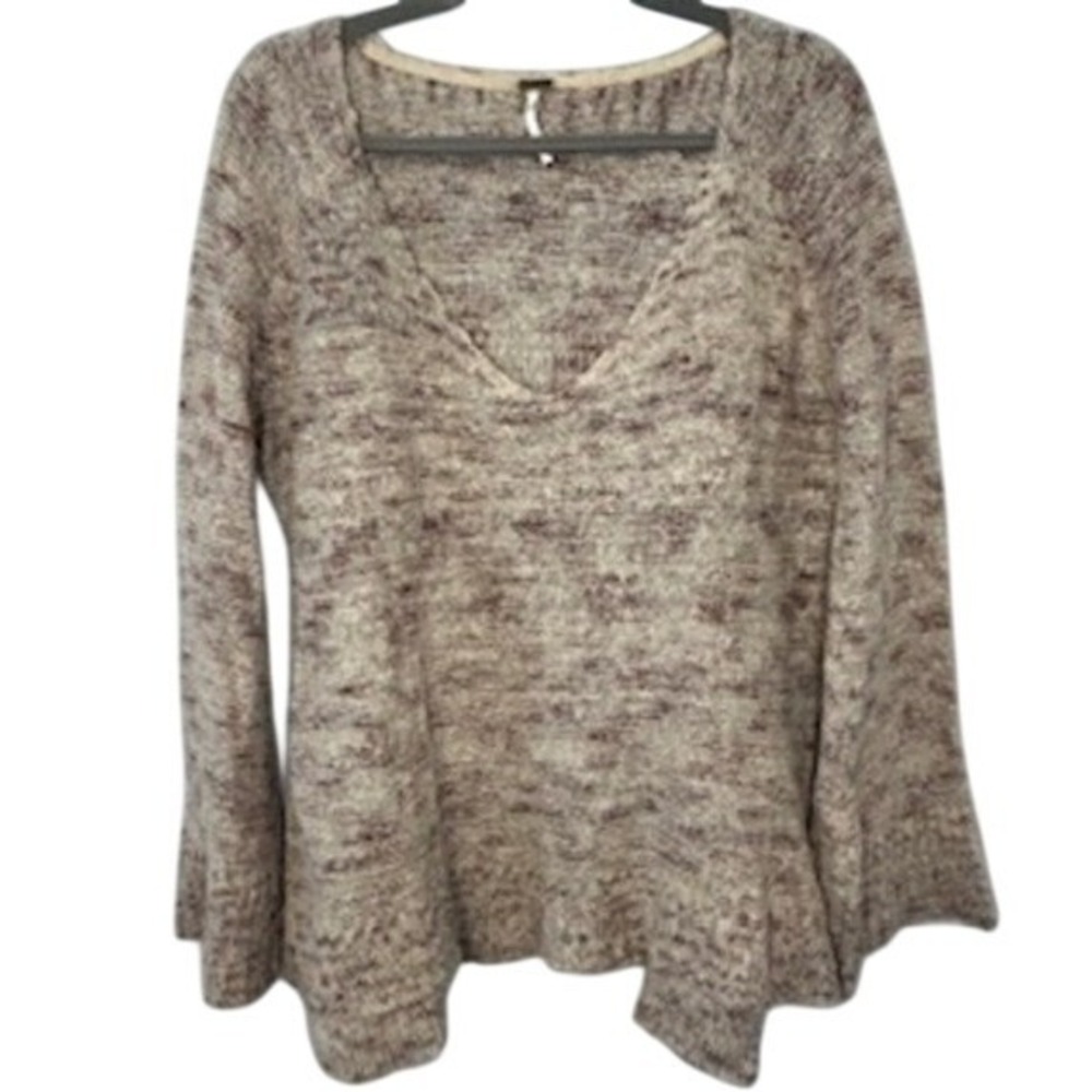 Free People Sweater Alpaca Cream & Berry Speckle Knit Bell Sleeve V Neck Women M